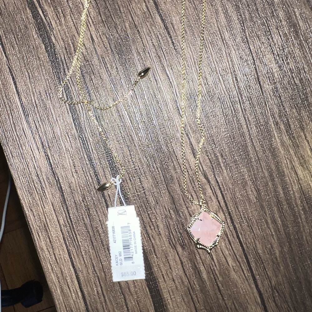 Kendra Scott rose quartz necklace.
